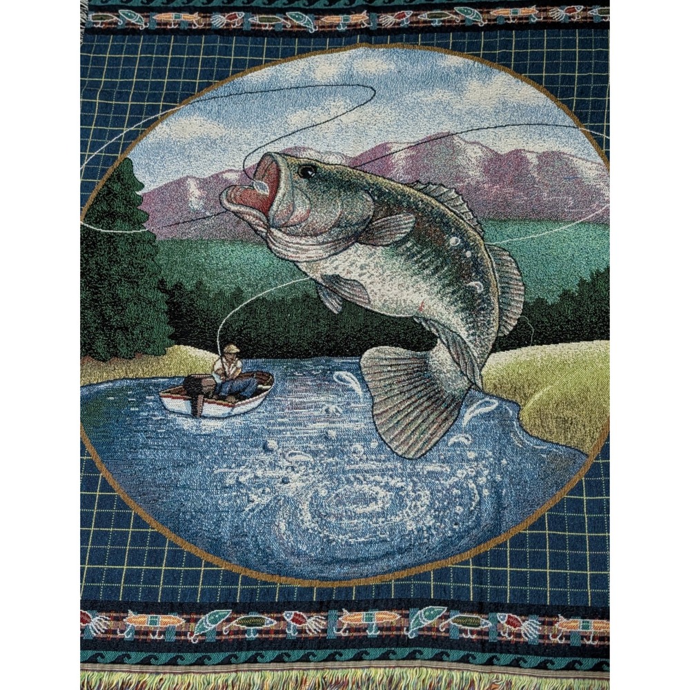 Vintage 1997 American Weavers Fishing Bass Woven Tapestry Throw Blanket